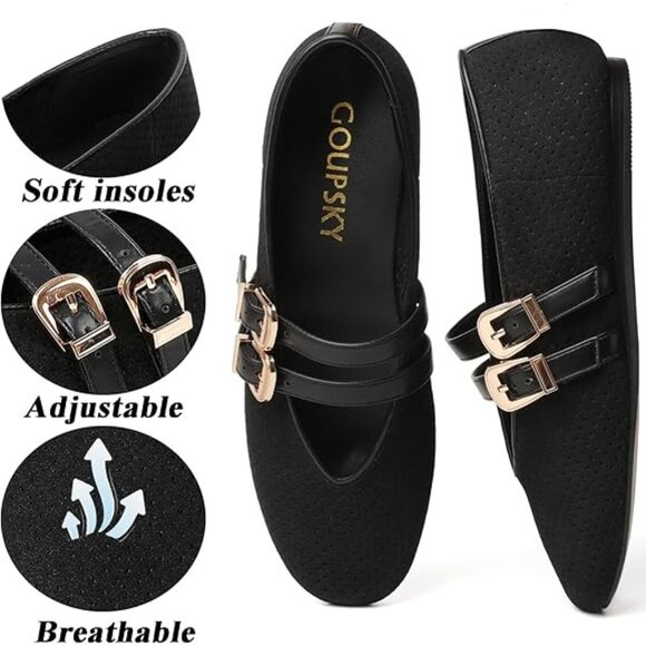 Goupsky Size 10 Ballet Flats Womens Black Suede Mesh Buckle Soft Adjustable - Picture 3 of 11